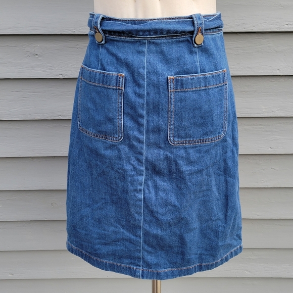 LOFT Belt Tie Denim Front Buttons Skirt Blue Indigo Patch Pockets Boho Western 4 - Picture 6 of 9